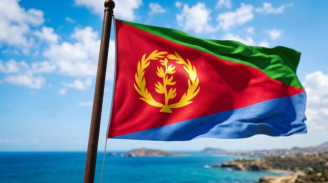 National flag of Eritrea waving on a pole with a sunny coastal background and blue sky