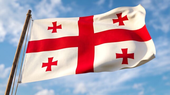 National flag of Georgia with five red crosses waving on wooden flagpole against blue sky