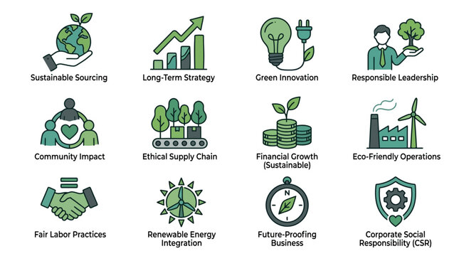 A collection of twelve green themed icons representing sustainable business practices and corporate social responsibility.