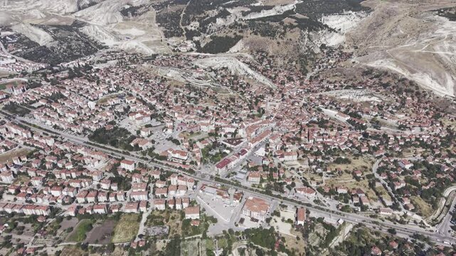 Drone Footage of Beypazari Town Center in Ankara Turkey Showing Ottoman Houses Historic Streets and Traditional Urban Landscape