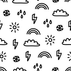 Naklejka premium Cute weather symbols seamless pattern. Minimalist monochrome doodle background with hand drawn sun, cloud, rain drops, lightning, rainbow, snowflake for kids fabric, wallpaper.
