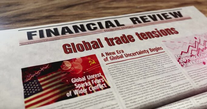 Global trade tensions daily newspaper on table. Headlines news abstract concept 3d.