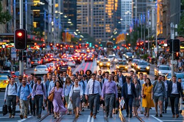 Obraz premium Groups of people walk across street in busy urban areas cars wait at red traffic lights during evening rush hour. City buildings tower above them