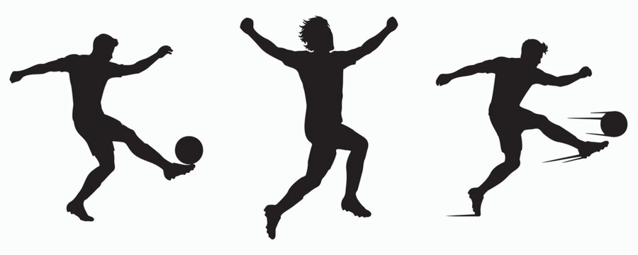 Collection of soccer player silhouettes isolated on gray background. Black vector illustrations of football players performing freestyle tricks, dribbling, and ball control, ideal for sports, football