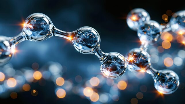 Molecules are shown with clear details and glowing effects against a dark background. scene focuses on structure of atoms and scientific principles in education