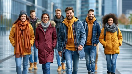 Fototapeta premium A group of seven friends strolls down a city street in autumn. They wear warm clothing and smile while enjoying their time together. The urban background features tall buildings
