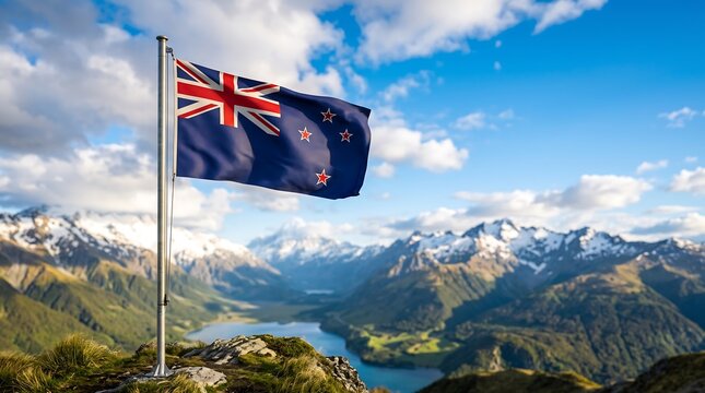 New Zealand flag waving on flagpole against scenic mountain range and alpine lake in daylight