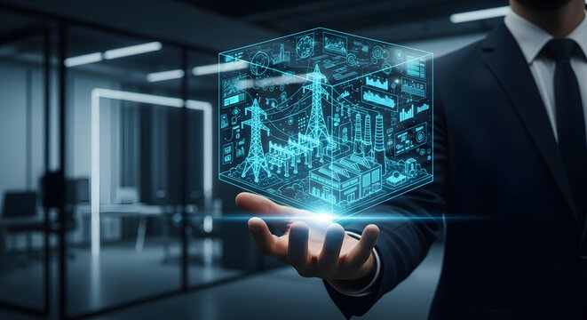 Businessman Holds Futuristic Power Grid Technology Hologram