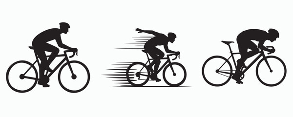 Obraz premium Collection of cyclist silhouettes in racing and riding positions, isolated on a light background, ideal for cycling, road racing, fitness, sports, and outdoor adventure concepts.