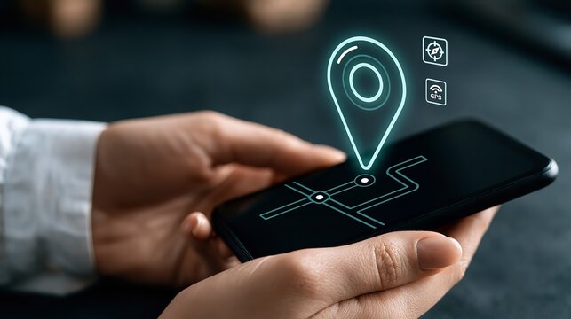 Smartphone displaying a digital map with navigation icons and GPS location