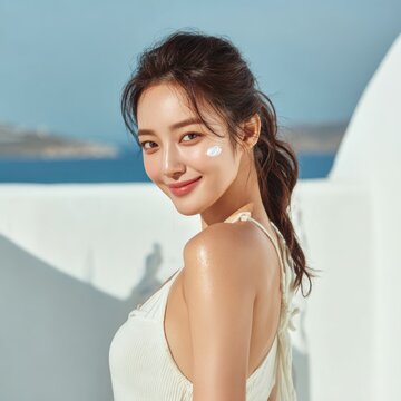 Young woman is using a white cream on her shoulder and her face,Facial care for female,moisturizing cream,healthy skin,Taking good care of her skin,Skin cream concept.