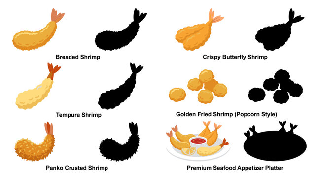 Professional vector collection featuring different fried shrimp variations, breaded shrimp, crispy butterfly shrimp, tempura shrimp, golden fried shrimp, crunchy shrimp bites