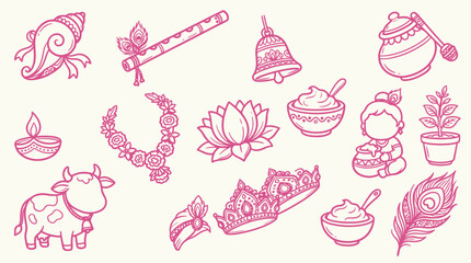 Collection of Indian cultural and religious icons, including a cow, flute, lotus, and deity figures, in a charming doodle style. © Clara