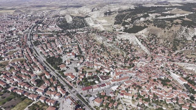 Drone Footage of Beypazari Town Center in Ankara Turkey Showing Ottoman Houses Historic Streets and Traditional Urban Landscape
