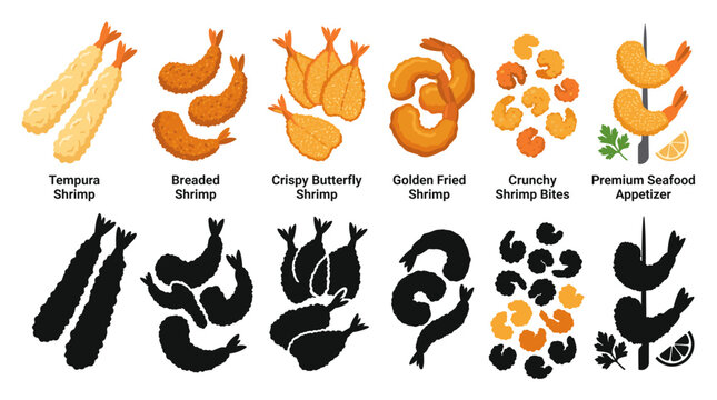 Professional vector collection featuring different fried shrimp variations, breaded shrimp, crispy butterfly shrimp, tempura shrimp, golden fried shrimp, crunchy shrimp bites