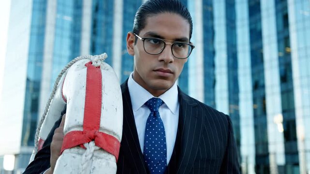 Serious Indian Businessman Carrying Lifebuoy in Front of Skyscrapers, Symbolizing Corporate Rescue or Financial Safety