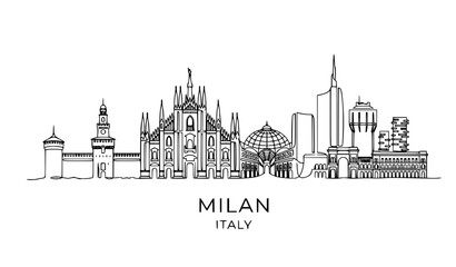 Obraz premium Continuous one line drawing of Milan skyline Italy landmarks minimalist travel vector EPS illustration