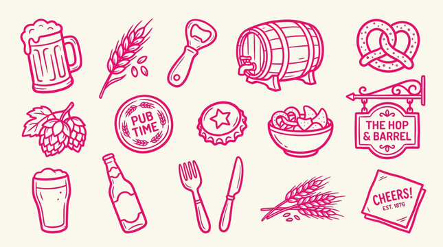 Collection of hand-drawn icons related to beer and pub culture, including a beer mug, hops, pretzel, and barrel.