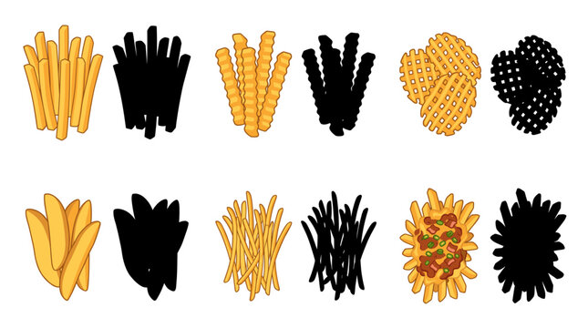 Set of vector collection featuring different crispy french fries variations, classic french fries, crinkle cut fries, waffle fries, steak fries, shoestring fries, loaded crispy fries