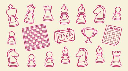 A collection of chess pieces and accessories in a charming pink doodle style. © Clara