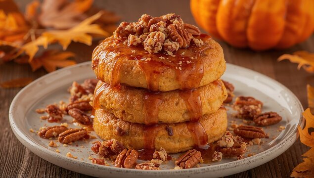 Delicious stack of three pumpkin donuts topped with caramel sauce and pecans on a rustic wooden table