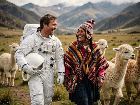 An astronaut and a woman in traditional Andean clothing laughing together while walking among alpacas in a scenic mountainous valley
