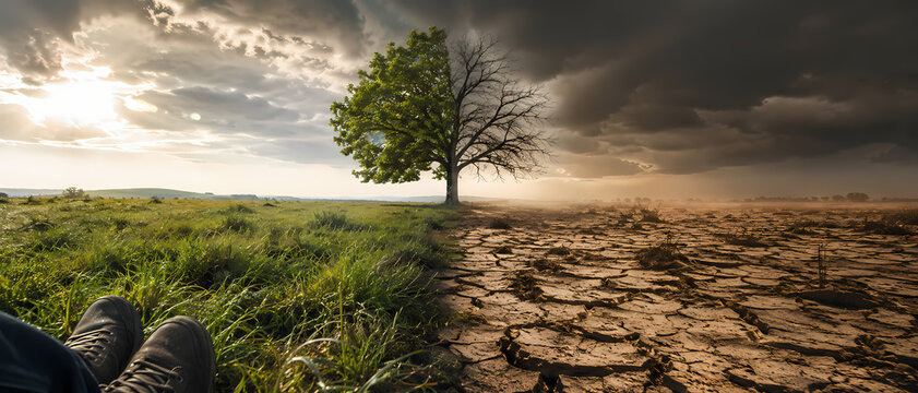 Photorealistic Divided Landscape Showing Climate Crisis and Desertification