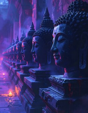 Serene Stone Buddha Statues Lined in Misty Temple Corridor