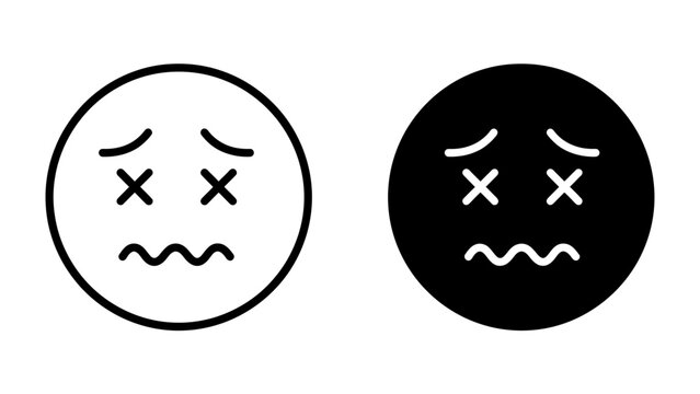 Dizzy and Dejected Icons: Two circular icons, one outlined and one filled black, depict a face with 'X' eyes and a wavy mouth, symbolizing exhaustion, defeat, or overwhelming stress.