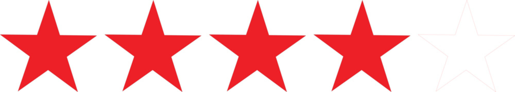 Five-star rating icon for reviews, red color, feedback labels, quality badges, and graphic design overlays
