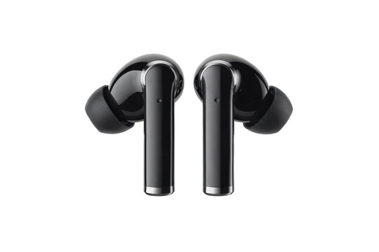 Pair of wireless black earbuds isolated on white background in ear with wireless