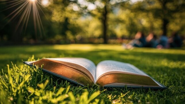 Open book lying on green grass with sunlight streaming through trees in a serene park setting during golden hour in the late afternoon