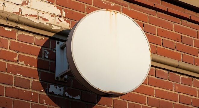 Blank Round White Sign Mounted on Red Brick Wall in Sunlight