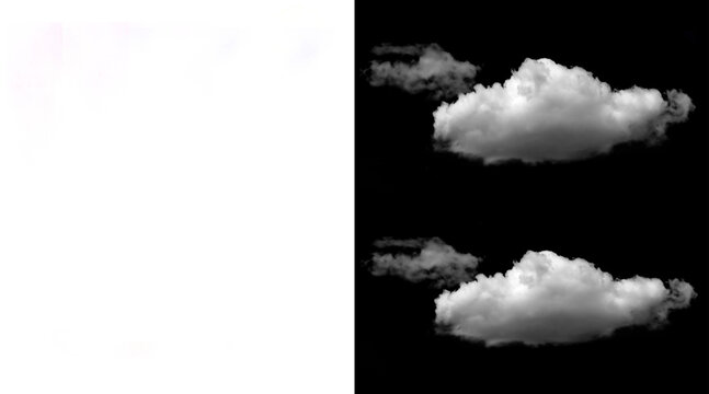 Isolated white fluffy clouds on black background, realistic cumulus cloud set for photo compositing, natural atmospheric weather elements