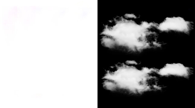 Realistic white clouds isolated on black background, fluffy cumulus cloud textures for photo compositing, ethereal atmospheric vapor elements