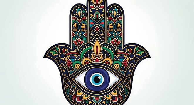 Colorful Ornate Hamsa Hand with Blue Eye Center on Pale Background