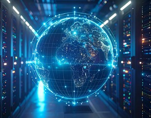 Fototapeta premium Abstract Blue Digital World Map Technology Background with Global Network Connection, Internet Data Communication, Futuristic Globe and Binary Information Concept