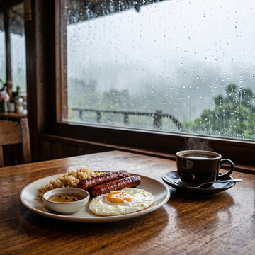 Rainy window breakfast with longganisa, garlic rice, fried egg, and steaming coffee