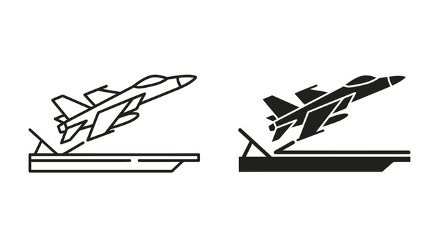 Jet Fighter Takeoff: Dynamic illustration of a jet fighter launching from an aircraft carrier deck, showcasing power and speed.
