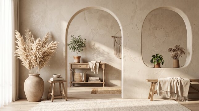 Minimalist Boho Chic Plaster Arch Background with Dried Pampas Grass