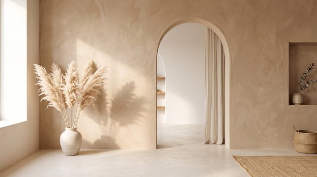 Minimalist Boho Chic Plaster Arch Background with Dried Pampas Grass