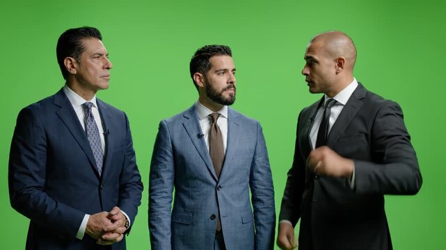 Three Businessmen Discussing Strategy on Green Screen Background