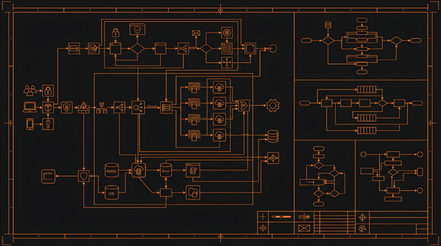 API Workflow Flow Diagram CAD Blueprint Integration Architecture Vector Set Detailed AutoCAD Technical Drawing
