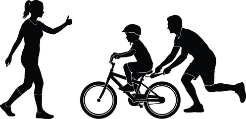 Silhouette of a father teaching his young child to ride a bicycle while the mother stands nearby giving a thumbs up gesture of encouragement © Sabina