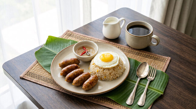Filipino breakfast plate with longganisa, garlic rice, fried egg, dipping sauce, and coffee