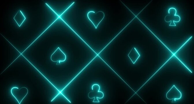 neon spade suit or symbol of playing card, 4k gambling animation. Neon playing cards glowing Abstract animation . Concept of online casino and bet animation 4k video