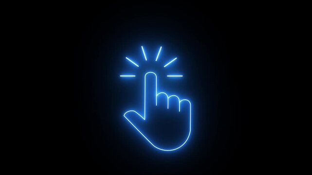 glowing neon hand mouse cursor icon on black background. hand cursor with click and accent. Mouse pointer hand click icon animation 4k video