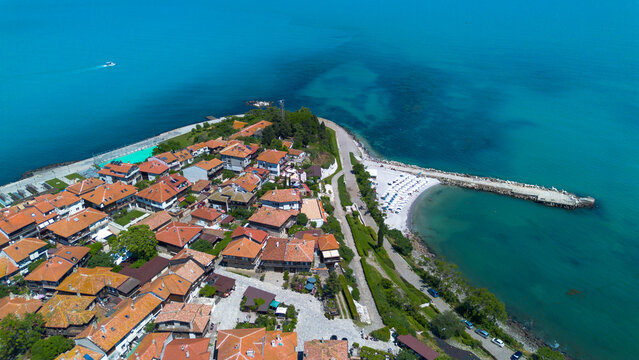 Aerial Drone View of Old Town Nessebar Peninsula on Black Sea Bulgaria
