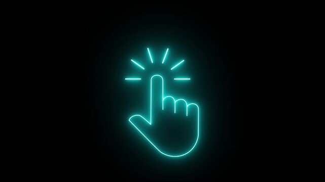glowing neon hand mouse cursor icon on black background. hand cursor with click and accent. Mouse pointer hand click icon animation 4k video