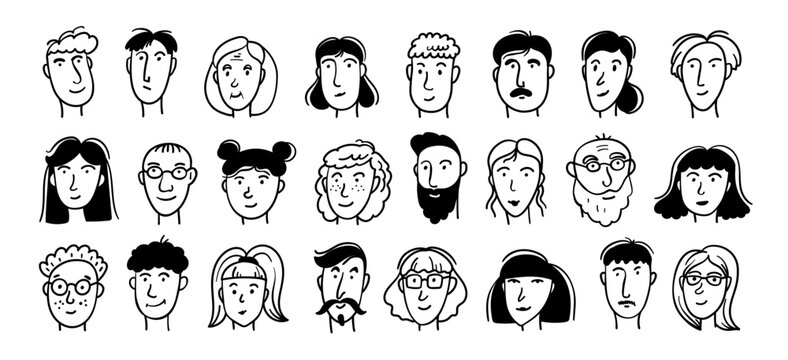 Collection of hand drawn human face portraits in a simple line art style. Diverse men, women, children, and seniors with different hairstyles and expressions. Minimal vector avatar set for social, edu